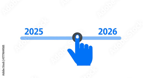 Interactive timeline showing progress from 2025 to 2026, with a clicking hand icon indicating future selection and planning for the new year