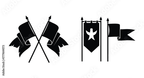 A collection of black flags and banners with varying designs