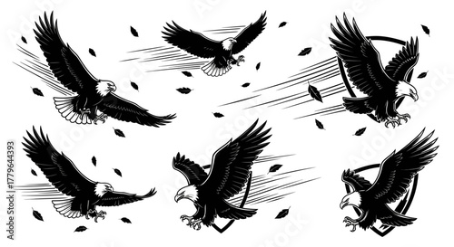 Six stylized bald eagles in flight, depicted in black and white with dynamic motion lines and shield elements.