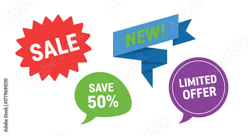 Colorful sale banners and labels advertising discounts and special offers
