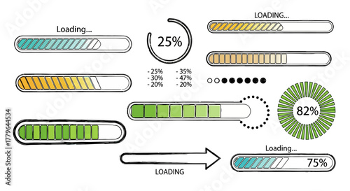 Hand-drawn collection of various loading bars, progress indicators, and percentage counters, ideal for digital interface design illustrating data processing, downloads, and waiting states