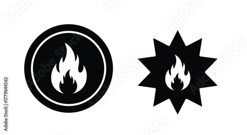 Black and white icons depicting a flame within circular and star shapes