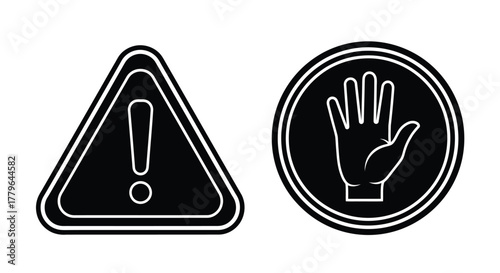 Warning and stop signs displayed in black and white safety symbols