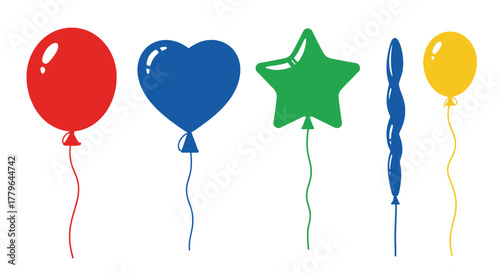 Colorful balloons in various shapes float cheerfully against a white background