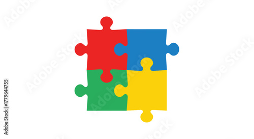 Four interlocking puzzle pieces in red green blue and yellow hues