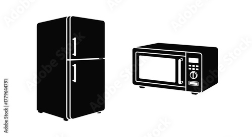 Simple black and white illustration of a refrigerator and microwave appliance