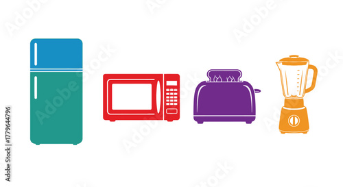 Colorful kitchen appliances including a fridge microwave toaster and blender