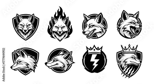 Collection of stylized fox head illustrations in various poses and designs, perfect for branding.