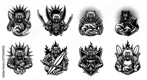 Eight monochrome illustrations of bears in armor holding various objects like swords, surfboards, and waves.