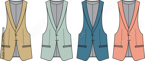 Set of four tailored vests in different muted colors, showcasing front button closure and simple detailing