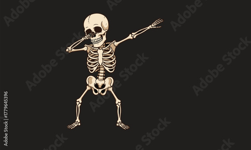 Cartoon skeleton dabbing, vector character, funny dance pose, playful artwork, cultural meme design, humorous illustration, spooky figure, modern gesture, creative graphic