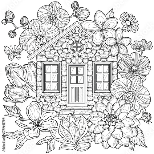 House in flowers.Coloring book antistress for children and adults.