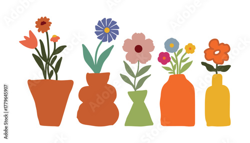 Collection of colorful abstract flowers in decorative terracotta and ceramic vases on white background