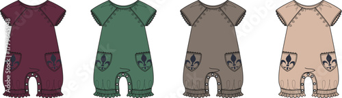 Collection of baby romper fashion flats with flutter sleeves and fleur-de-lis pocket details in four color variations