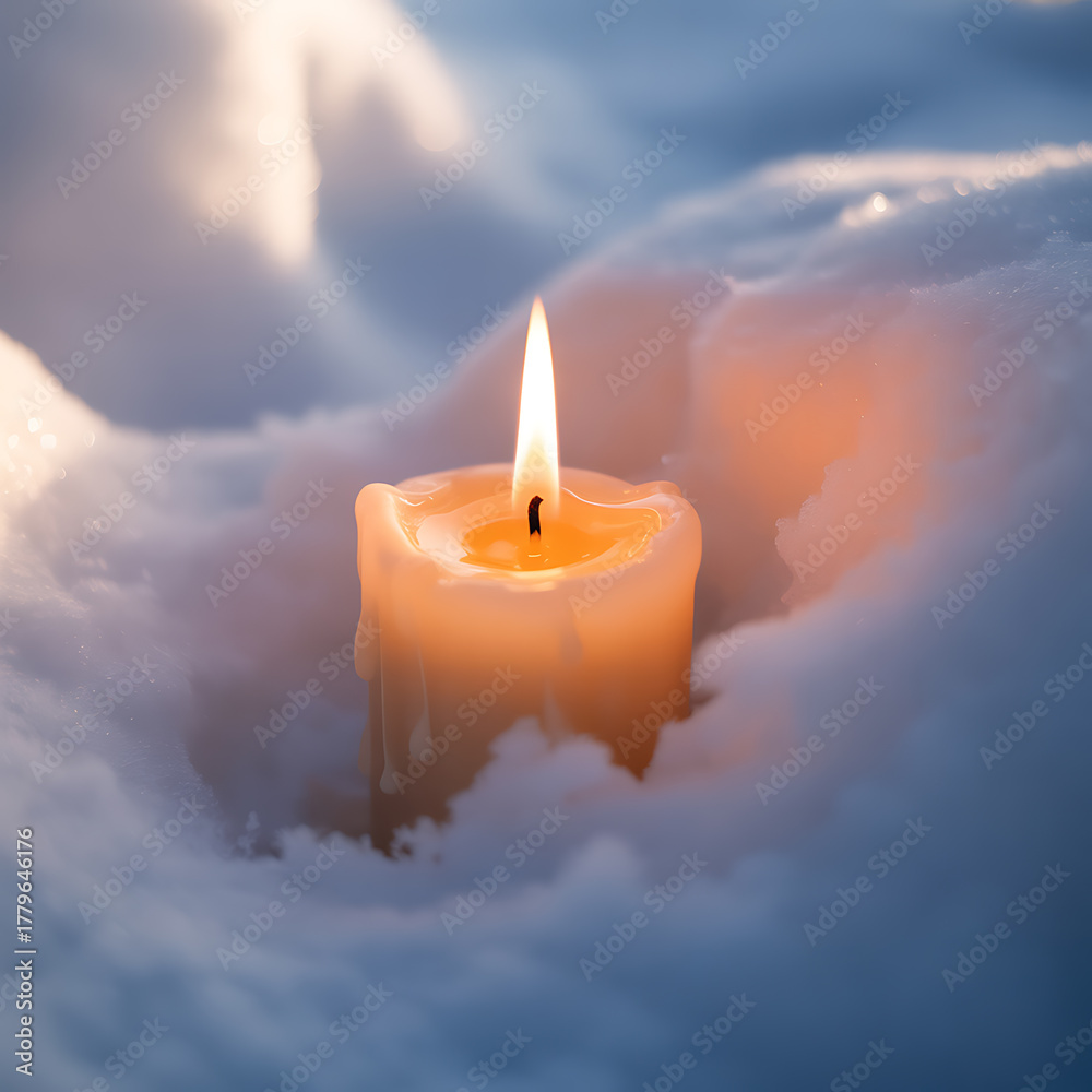 Fototapeta premium A lit candle burning brightly in the snow