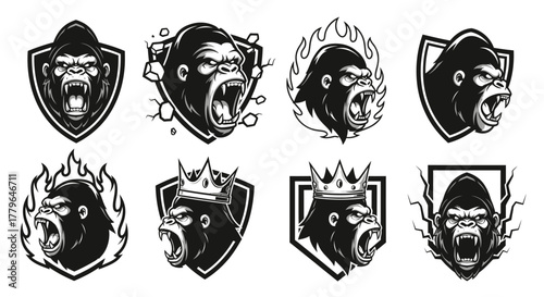 Foto Eight gorilla head designs, presented as emblems or logos, with varying styles and borders