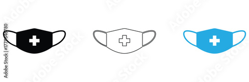 Diverse medical face mask set for health safety awareness, showing protection and prevention in black, line art, and blue variants