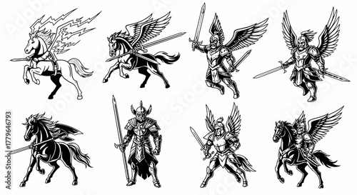 Eight illustrations depict winged warriors, some mounted on winged horses, wielding swords and spears.