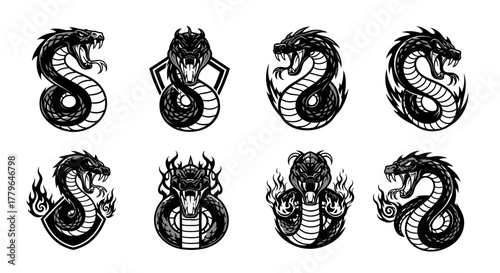 A collection of stylized, monochrome illustrations depicting various cobra snakes in different poses.