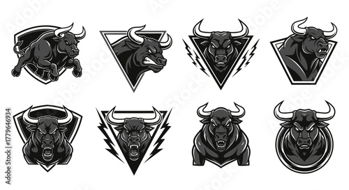 Collection of eight different black and white bull vector illustrations.