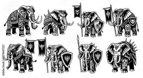 Black and white illustration of eight armored elephants with decorative patterns, shields, flags, and spears.