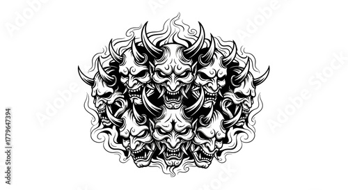 Illustration of multiple Oni demon masks arranged in a cluster, surrounded by smoke or flames.