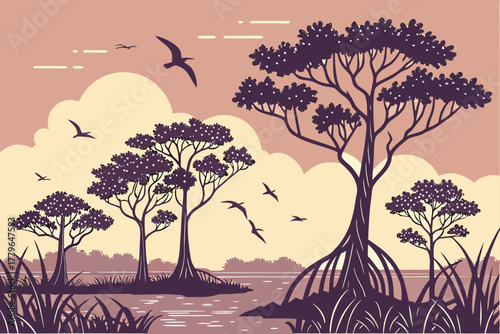 “Everglades mangrove silhouettes with birds, tropical dusk palette”
