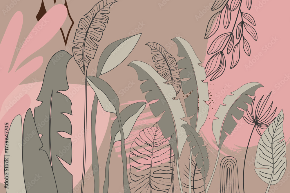 Fototapeta premium Hand drawing wall leaves with abstract elements design 