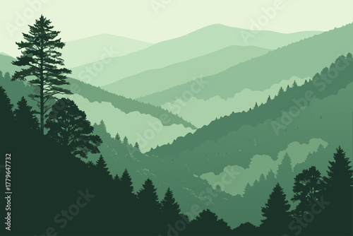 “Great Smoky Mountains with misty forest layers, soft green vector”

