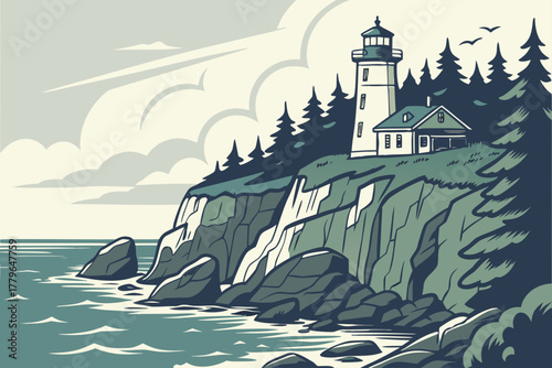 “Acadia coastal cliffs and lighthouse, nautical tones”
