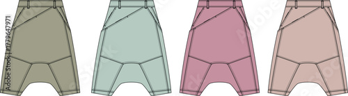 Stylized flat lay illustration showcasing a modern collection of geometrically paneled women's skirt designs, available in various soft color variations for fashion and apparel concepts