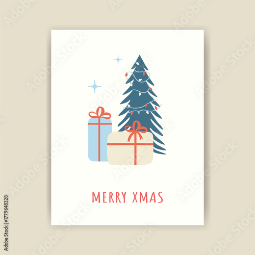 Christmas card with a Christmas tree, garland, and gifts. Minimalistic design. Ready-made template for a festive poster, print, or invitation.