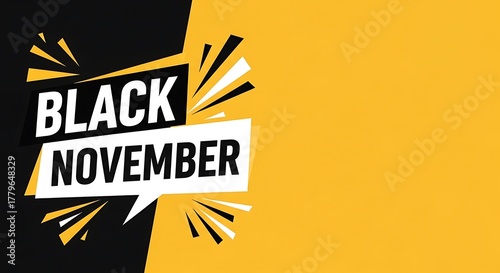 Black november sale announcement with bold text and energetic graphic elements on a split background