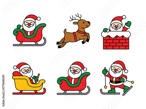 A collection of cartoon illustrations features Santa Claus in various festive scenes, including sleigh rides and skiing.
