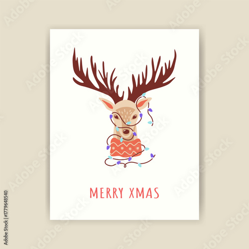 A deer in Christmas lights and a sweater. A drawing of a cute animal, decorated Christmas cards. Holiday garlands adorn the reindeer.