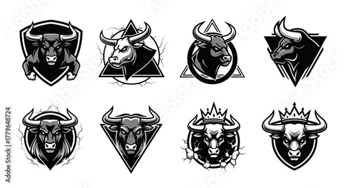 Eight bull head designs in black and white, each framed with geometric shapes and varying artistic styles.