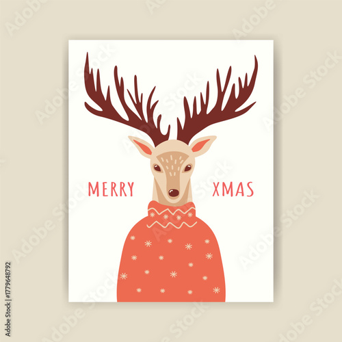 Hand-drawn Christmas portrait of a reindeer in a red knitted sweater. Festive print with a cute animal for New Year decor. Ready-made postcard in a minimalist style.
