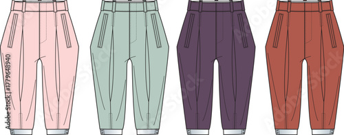 Fashionable high-waisted cropped pants in four distinct solid colors, perfect for a stylish everyday wardrobe