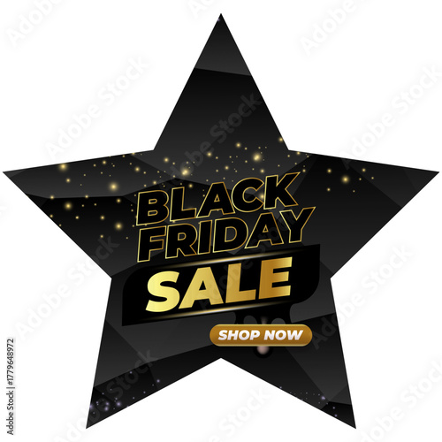 Black Friday sale star shape banner with golden text. Black friday melt label, sticker, icon isolated on black CRYSTAL background. creative graphic for promotional banners, social media