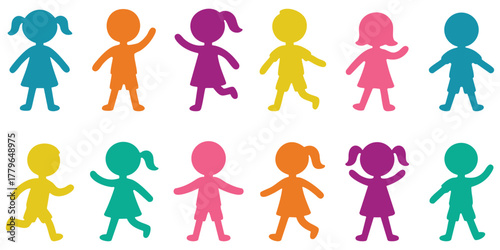 Colorful children silhouettes playing, Happy kids group art illustration, Joyful child figures in rainbow colors