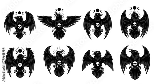 Eight black raven illustrations with skulls and moon phases, presented in a symmetrical arrangement.