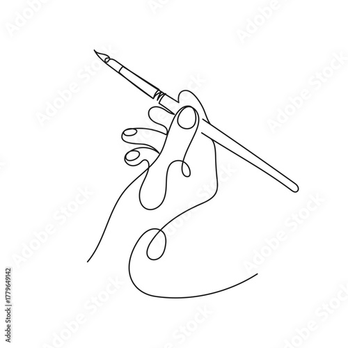 Hand holding a paintbrush. Minimalist one line vector illustration symbolizing creativity, art, design, inspiration.