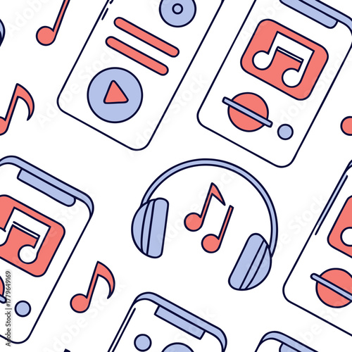 Seamless pattern featuring phones, music notes, and headphones in a repeating design style art