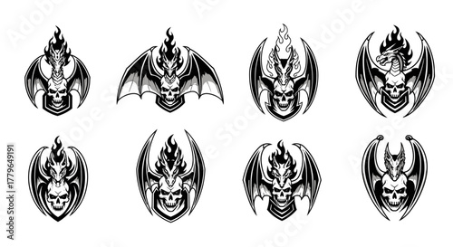 Collection of stylized skull illustrations with flames and bat-like wings, in a circular arrangement.
