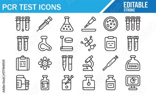 Thin line icons of PCR, DNA analysis, and virus testing equipment for biotech and medical infographics