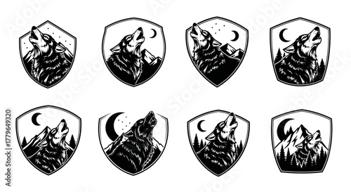 Collection of stylized black and white wolf emblems with mountains and moon.