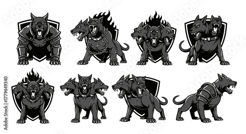 A collection of stylized illustrations depicting various Cerberus mythological creatures with different poses.