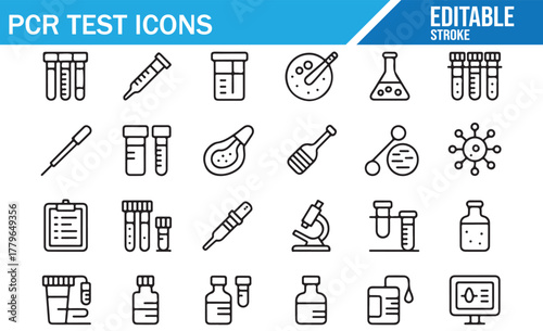 Medical laboratory icon set in modern outline style showing biology, research, and chemistry symbols