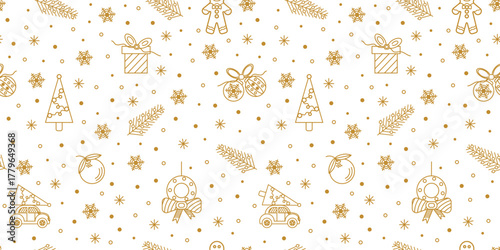 Christmas seamless pattern with New Year decor. Pattern of gold outline vector icons on a white background. Elegant colorful pattern for packaging, wrapping paper, children clothing, and cases