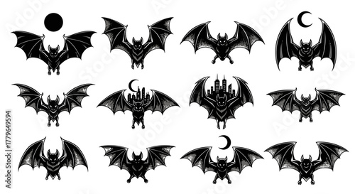 A collection of twelve bat illustrations in various poses, some with moon or city silhouette.